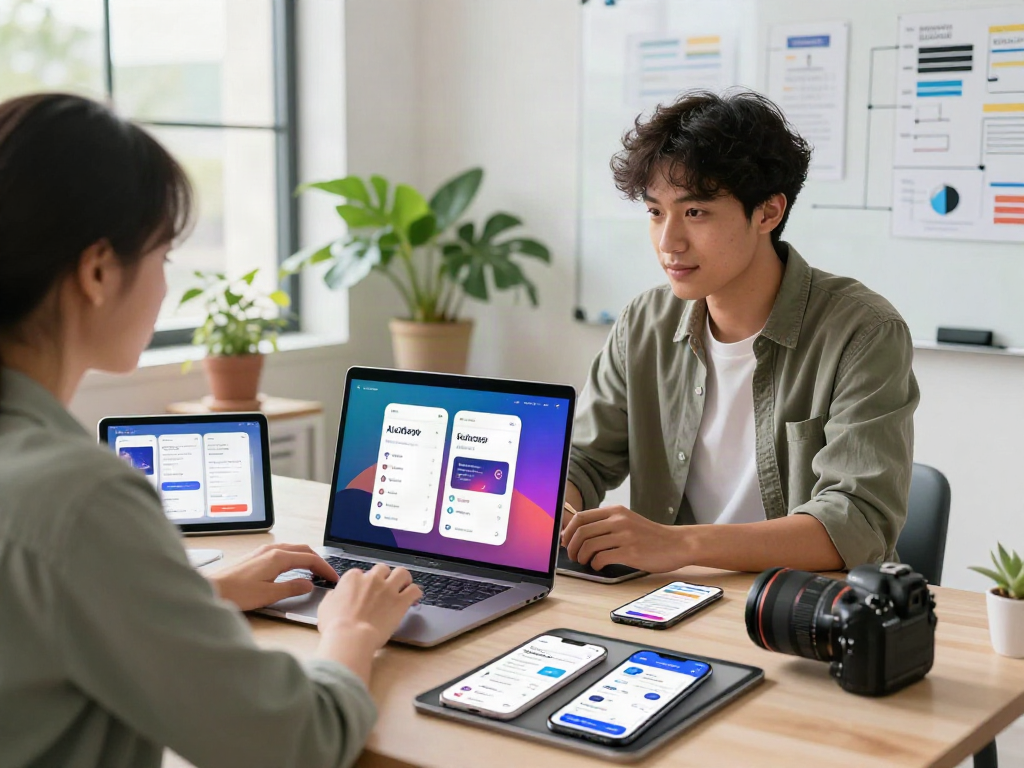 Innovative workspace showcasing ALO8APP WIN mobile app development with engaged developer and design elements.