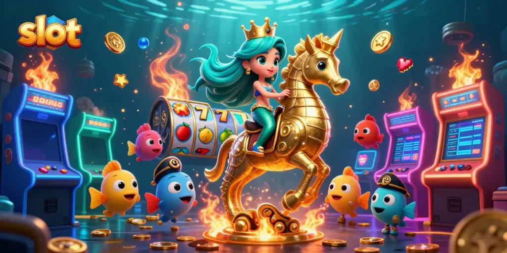 Mesin slot romantis dalam ilustrasi 3D kartun dengan putri duyung dan kuda laut di sekitar ikan lucu.