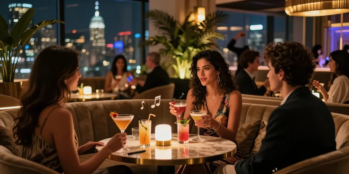 Stylish call girls enjoying cocktails at a chic lounge, vibrant nightlife ambiance.