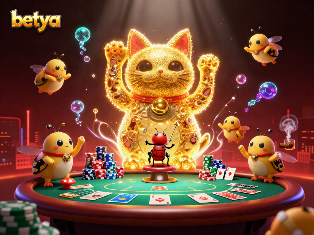 Betya showcases a dynamic illustration of a lucky cat and casino elements during a vibrant gaming event.