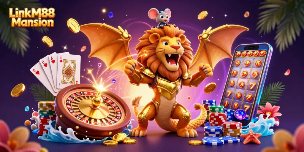 Experience thrilling wins with Link M88 Mansion's vibrant online casino artwork showcasing exciting gaming adventures.