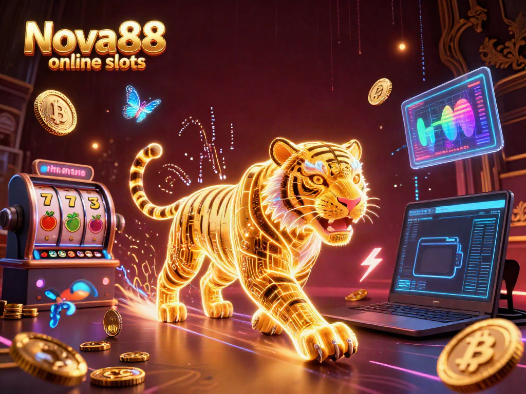 Engage with Nova88 online slots featuring a vibrant scene of dynamic slot game characters and crypto elements.