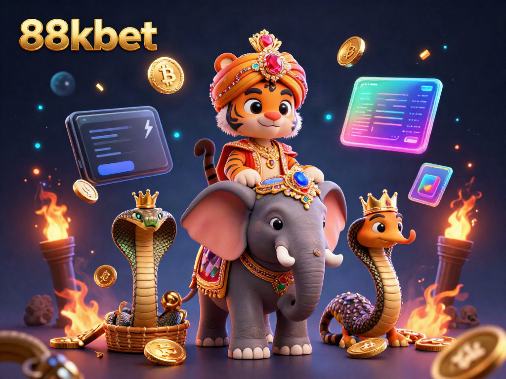 Experience the vibrant 88kbet casino scene with a maharaja tiger, elephant, and crypto elements.