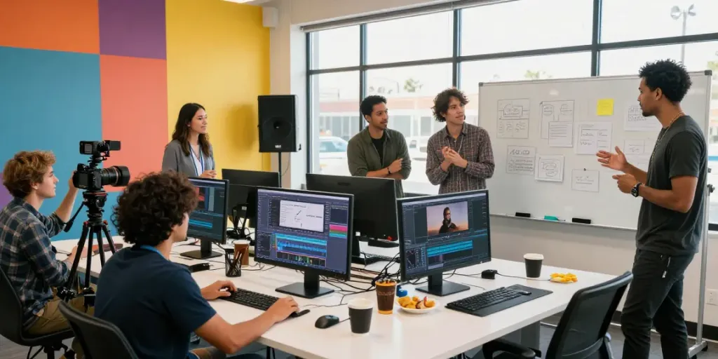 Dynamic scene showcasing social media video production Long Beach, California, with a creative team collaborating in a vibrant studio.