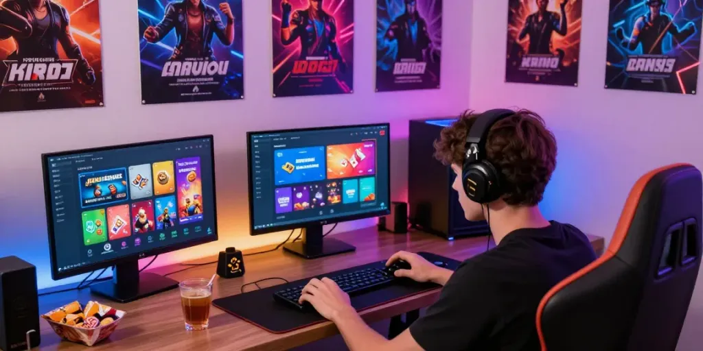 Player engaging with Yono Games app in a colorful gaming room.