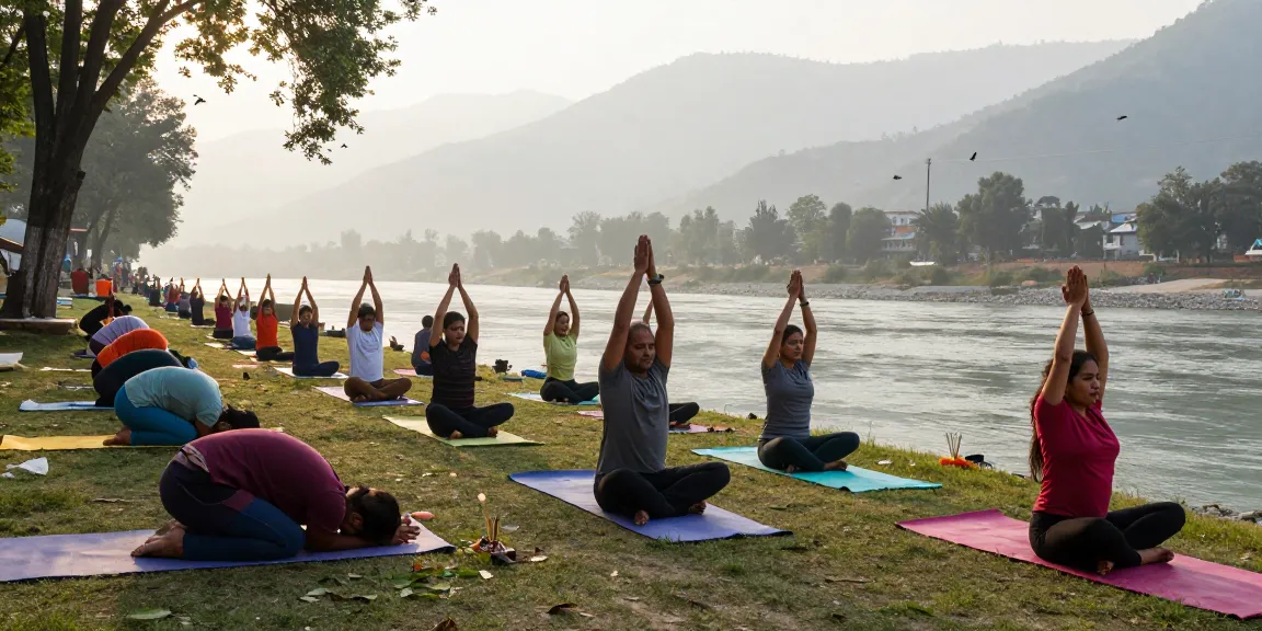 Yoga teacher training in Rishikesh India, diverse group practicing yoga by the Ganges river at sunrise.