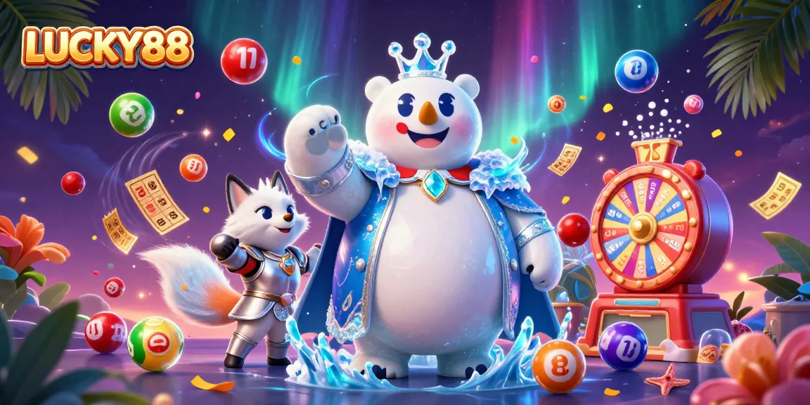 LUCKY88 features a dynamic 3D illustration of an ice king polar bear and fox amidst vibrant bingo elements.