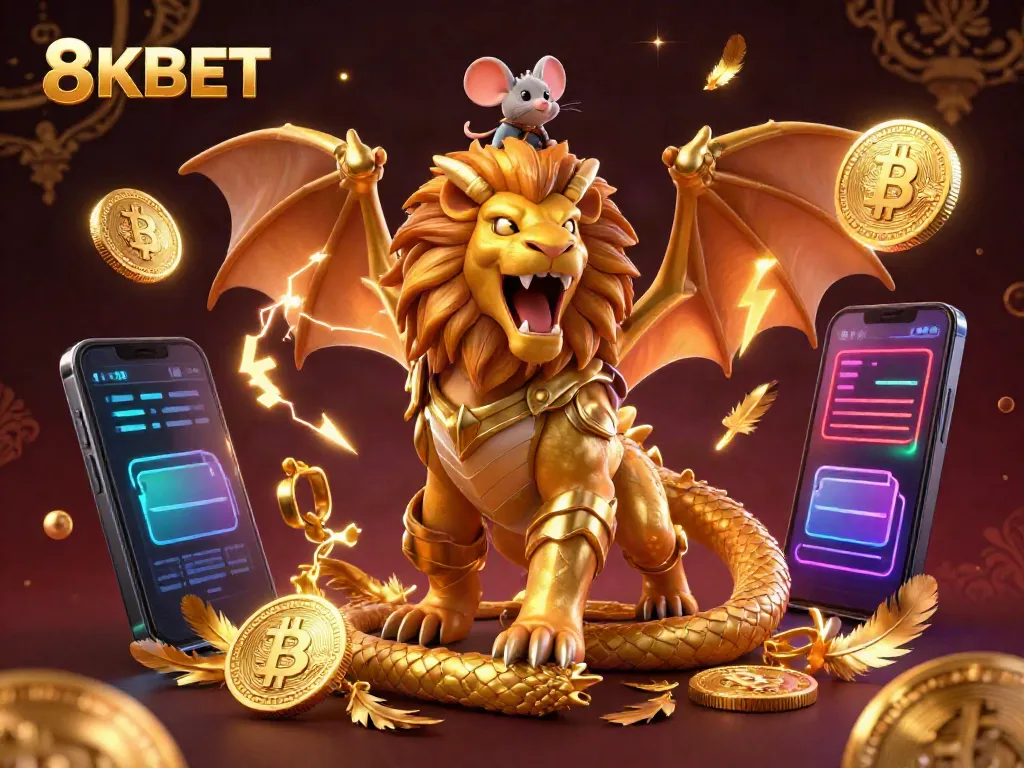 Experience thrilling gaming with 8KBET showcased by a roaring chimera and currency elements.