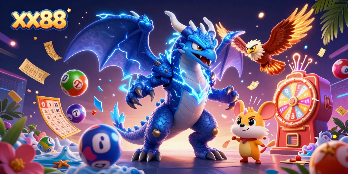 Experience the excitement of xx88 with vibrant lottery elements, energetic characters, and dynamic gaming action.