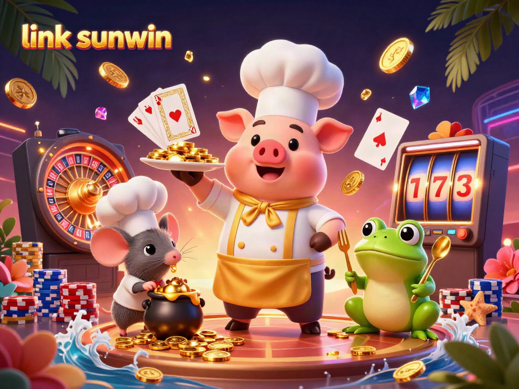 Experience excitement at link sunwin with a vibrant casino scene, featuring a chef pig, mouse, and frog surrounded by gold coins.