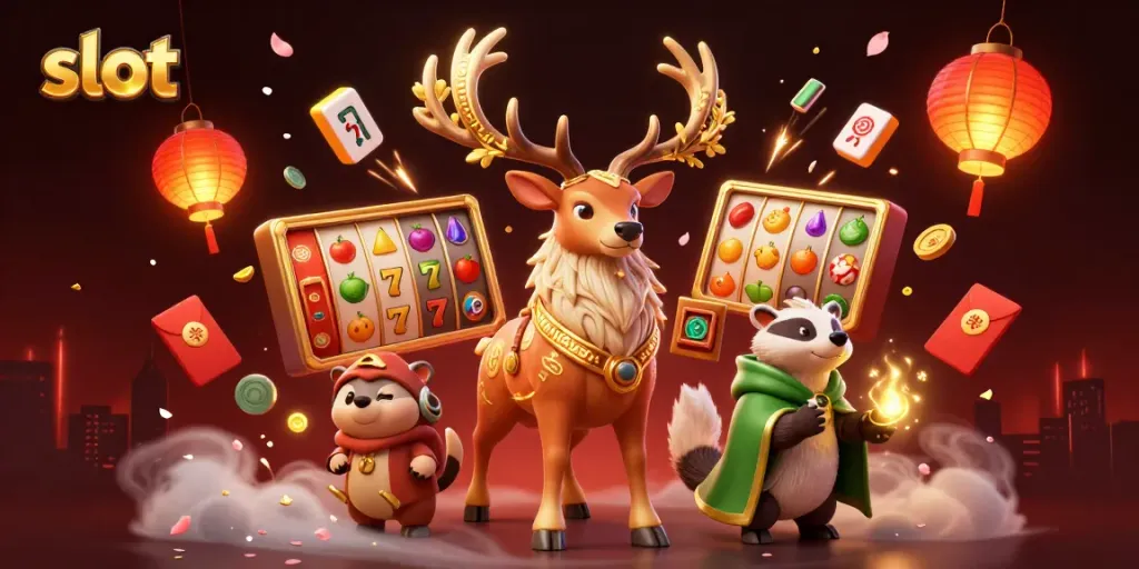 Menangkan slot dengan simbol buah berputar dan elemen ajaib dalam ilustrasi kasino.