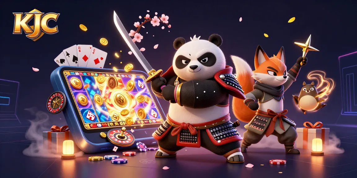 KJC engages players with a vibrant scene of a samurai panda, ninja fox, and magical tanuki amid casino action.