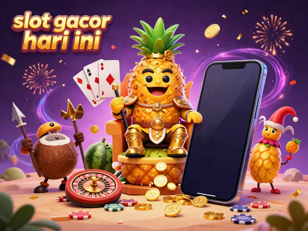Permainan slot gacor hari ini dengan karakter raja nanas emas di kasino pantai, pesta koin dan kartu.