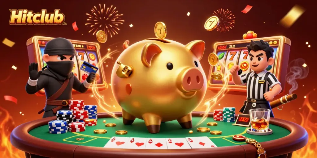 Hitclub vibrant gaming scene showcasing a piggy bank sumo wrestler and dynamic slot action