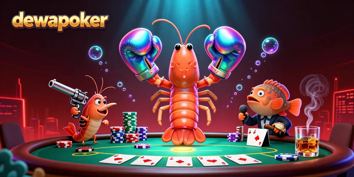 Engage in thrilling poker action at dewapoker with animated shrimp champions at a vibrant table.