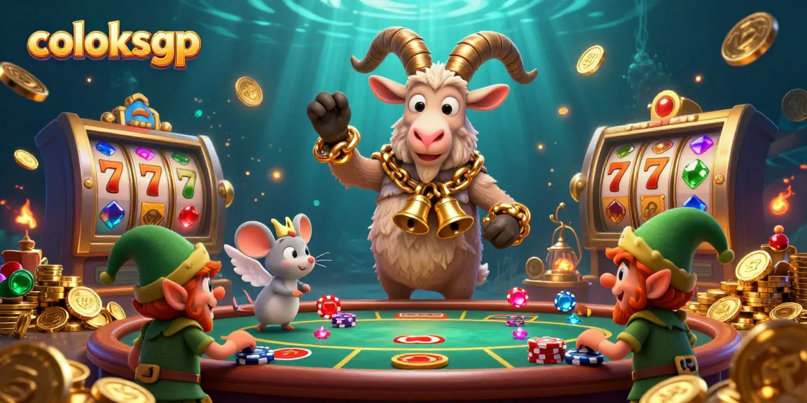 Slot permainan coloksgp menampilkan karakter unik di kasino dengan koin emas dan harta karun.