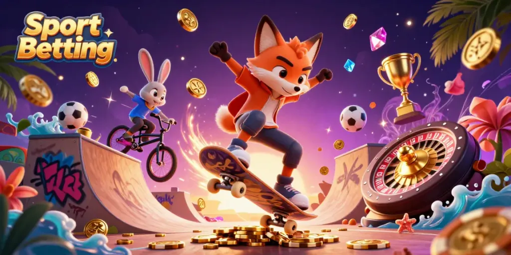 Experience the excitement of sport betting with a playful 3D scene featuring a skateboarder fox, BMX-riding rabbit, and dynamic casino elements.