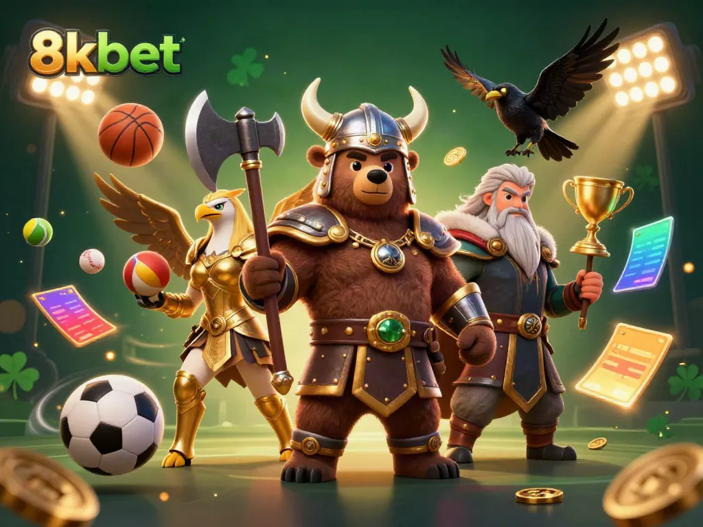 Join the thrilling world of 8kbet with a dynamic casino scene featuring a Viking berserker, Valkyrie eagle, and action-packed sports elements.