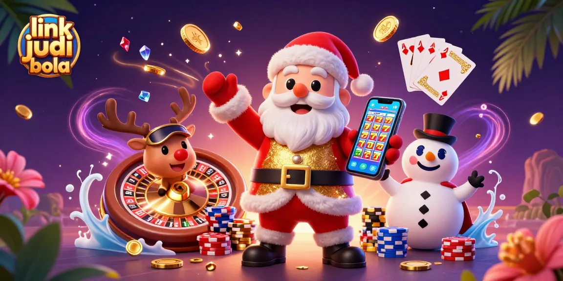 Spin and win with link judi bola in a vibrant 3D casino illustration featuring Santa, a reindeer, and a snowman.