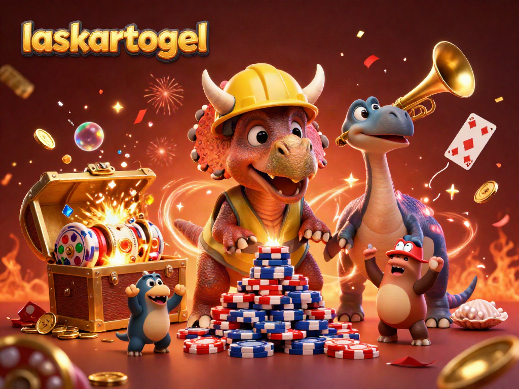 Experience the excitement of laskartogel as a triceratops builds poker chips in a vibrant casino-themed scene.