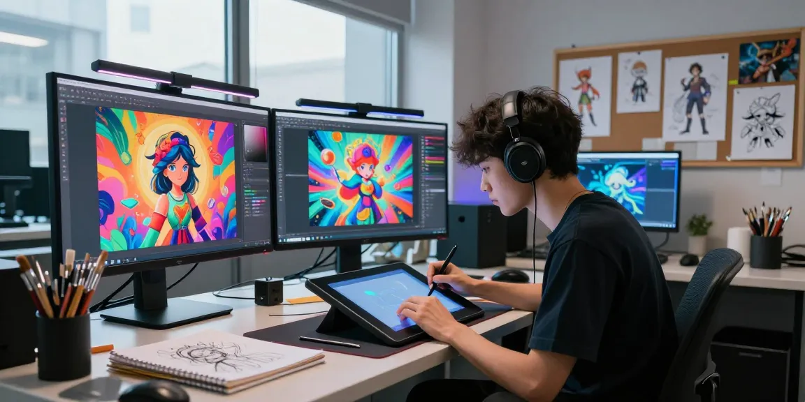 Artist developing vibrant NSFW AI art in a dynamic studio environment
