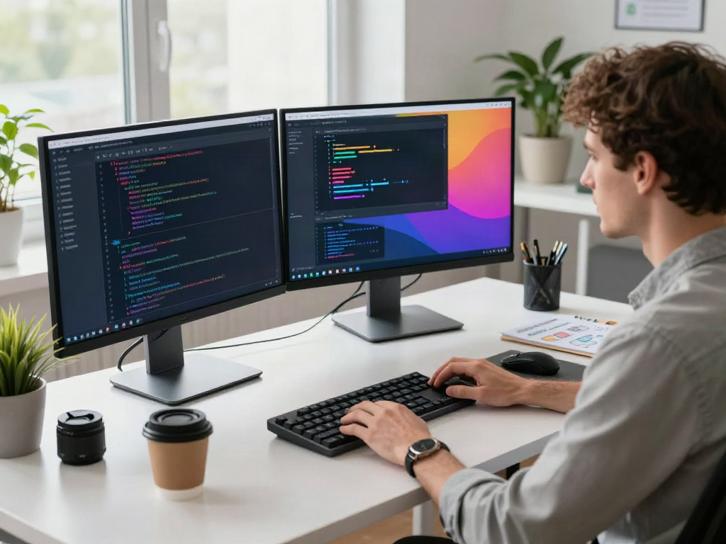 The workspace of a developer working on the A80 information platform, showcasing modern technology and a creative environment.