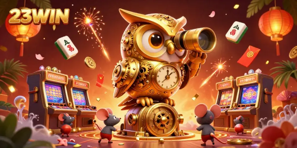 Experience fun betting action at 23WIN with a lively 3D casino scene full of lucky symbols.