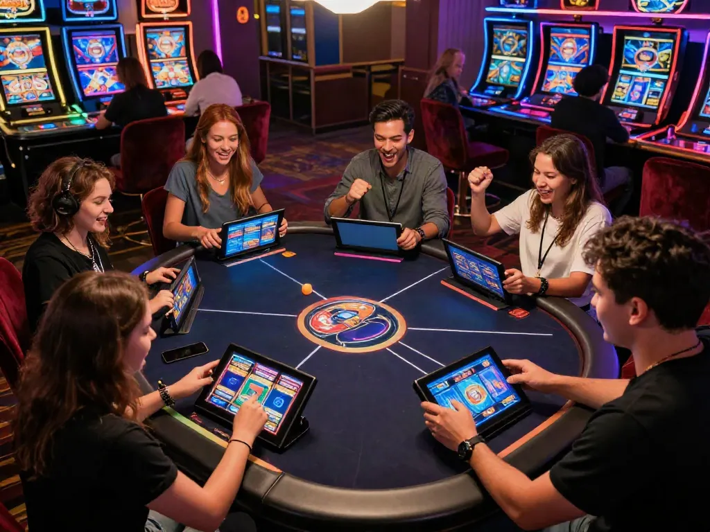 Akunjp gaming scene with friends enjoying slot games in a lively casino atmosphere.