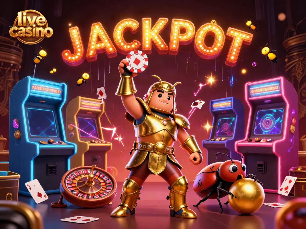 Permainan live casino yang interaktif dengan pahlawan kumbang dan elemen judi lainnya.