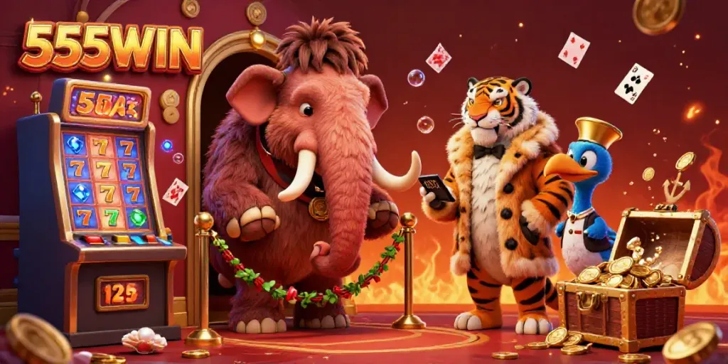 Join the excitement at 555WIN as the woolly mammoth checks IDs in a vibrant casino realm.