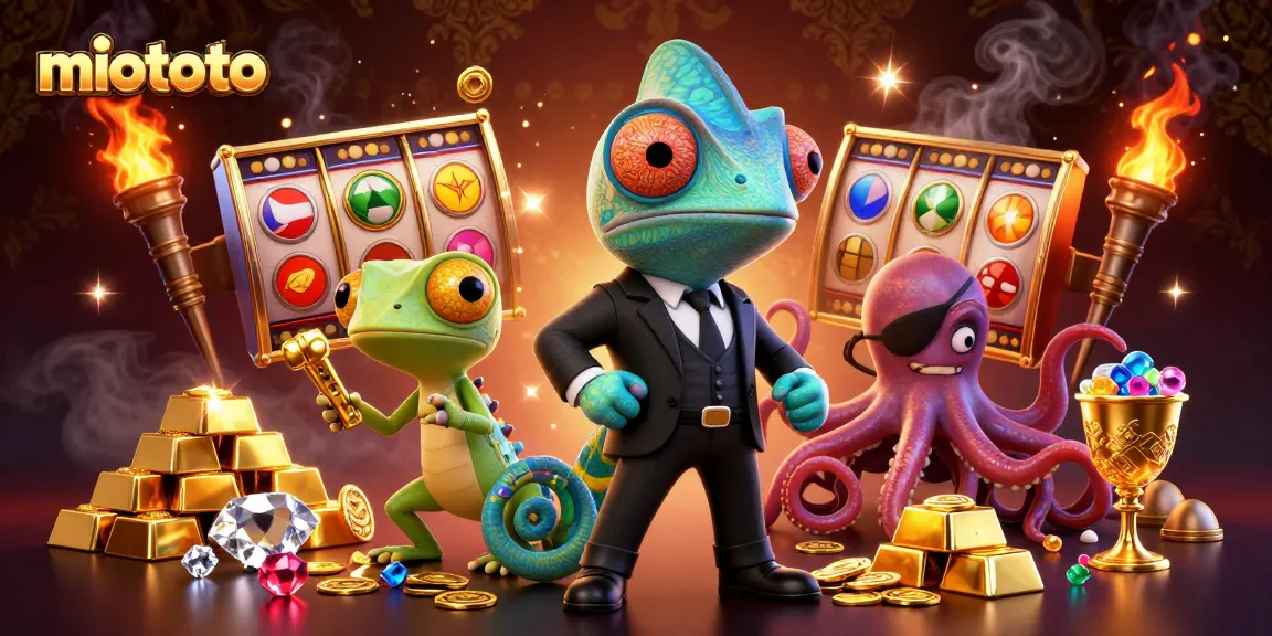 Engage in thrilling miototo slots with a vibrant 3D illustration of colorful characters and golden treasures.