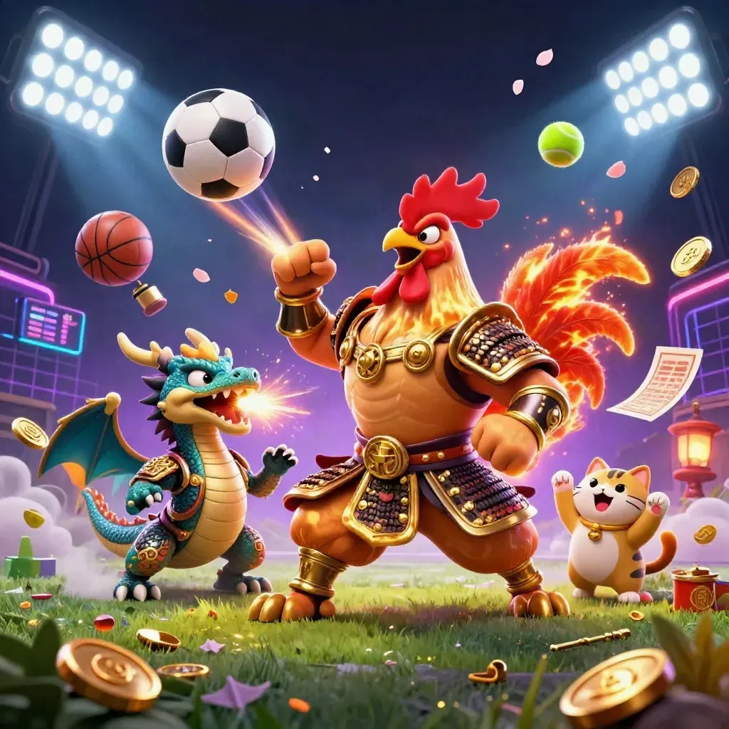 Rooster warrior, dragon hatchling and fortune-cat amid flying sports balls and neon casino sparks.