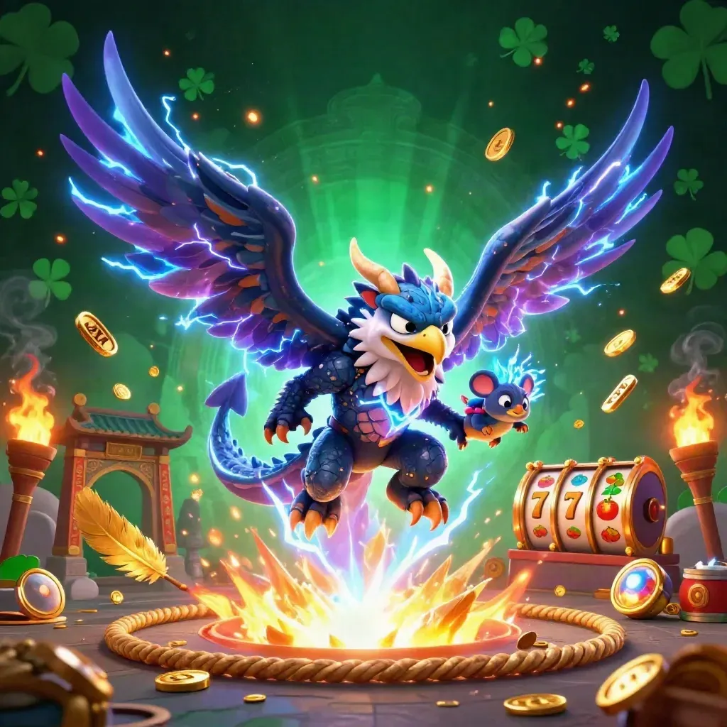 Thunder dragon, wind hawk, and crackling mouse amid casino magic, coins, temple gate, and neon lightning.