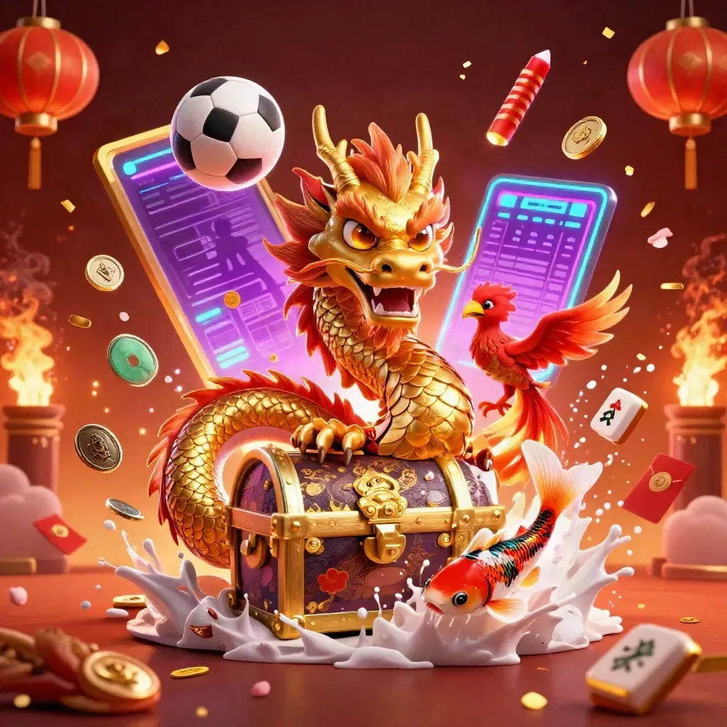 Golden dragon, phoenix, koi, sports balls, coins and lanterns burst in neon casino glow.