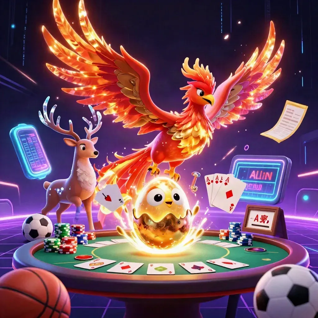 Phoenix, stag, and poker chips explode with neon sports props in a dark casino sky.