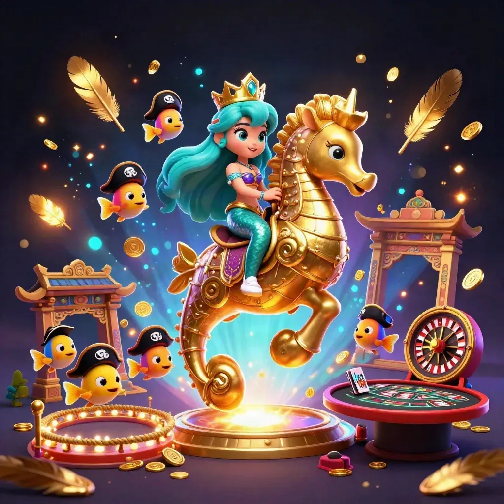 Mermaid princess on a golden seahorse amid neon casino props, temple gate, pirate fish, and glowing particles.