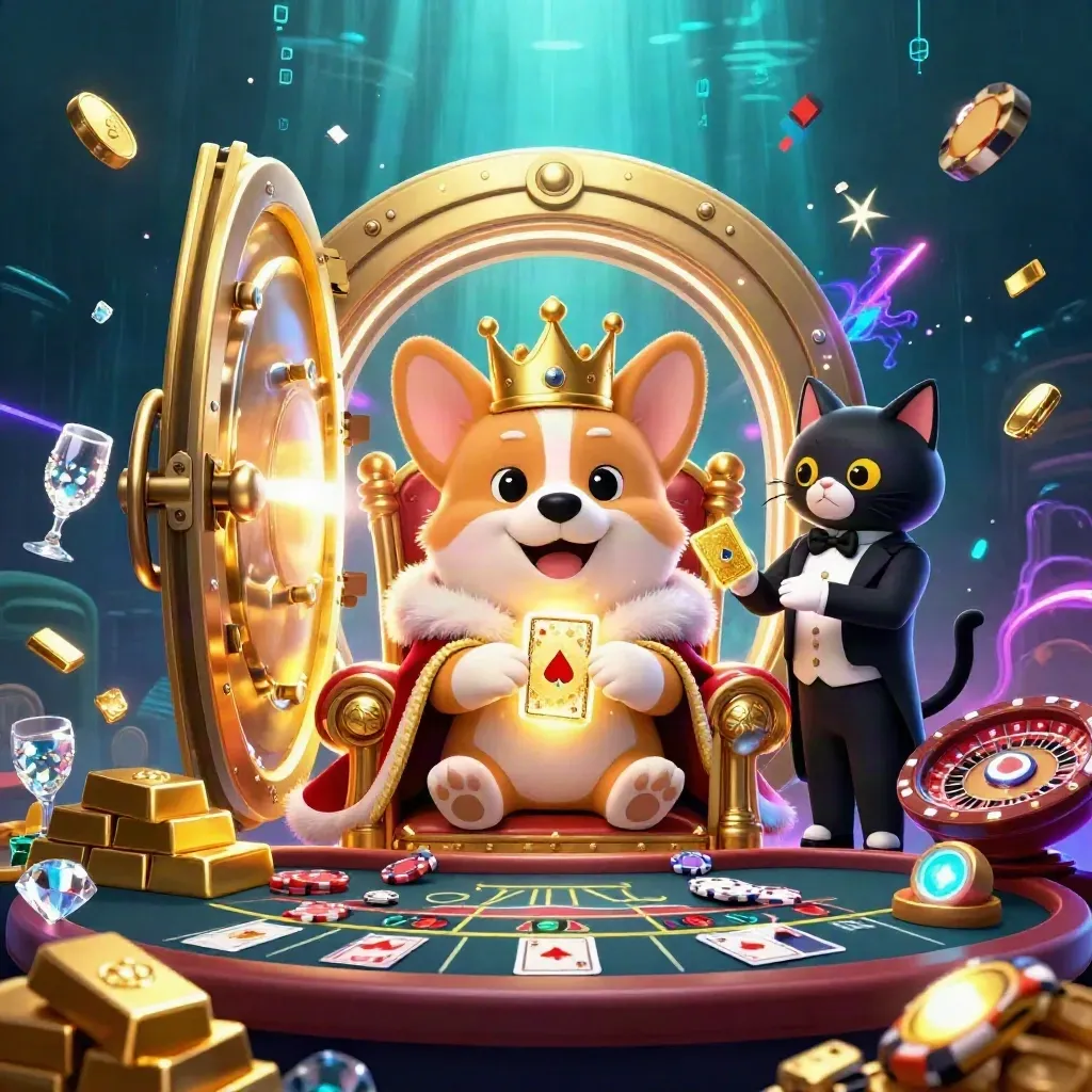 Royal corgi and cat butler in a neon gold casino vault with treasure, gems, and roulette glow
