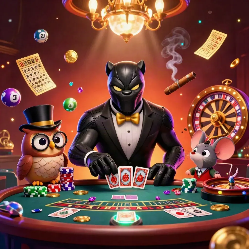 Panther dealer, owl with chips, mouse in a chip stack amid neon casino effects.