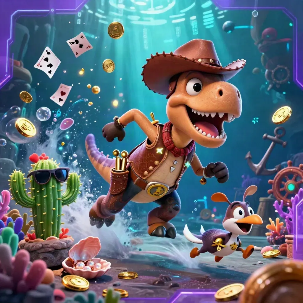 Cowboy T-Rex, cactus sidekick, and roadrunner burst through a neon underwater treasure cove.