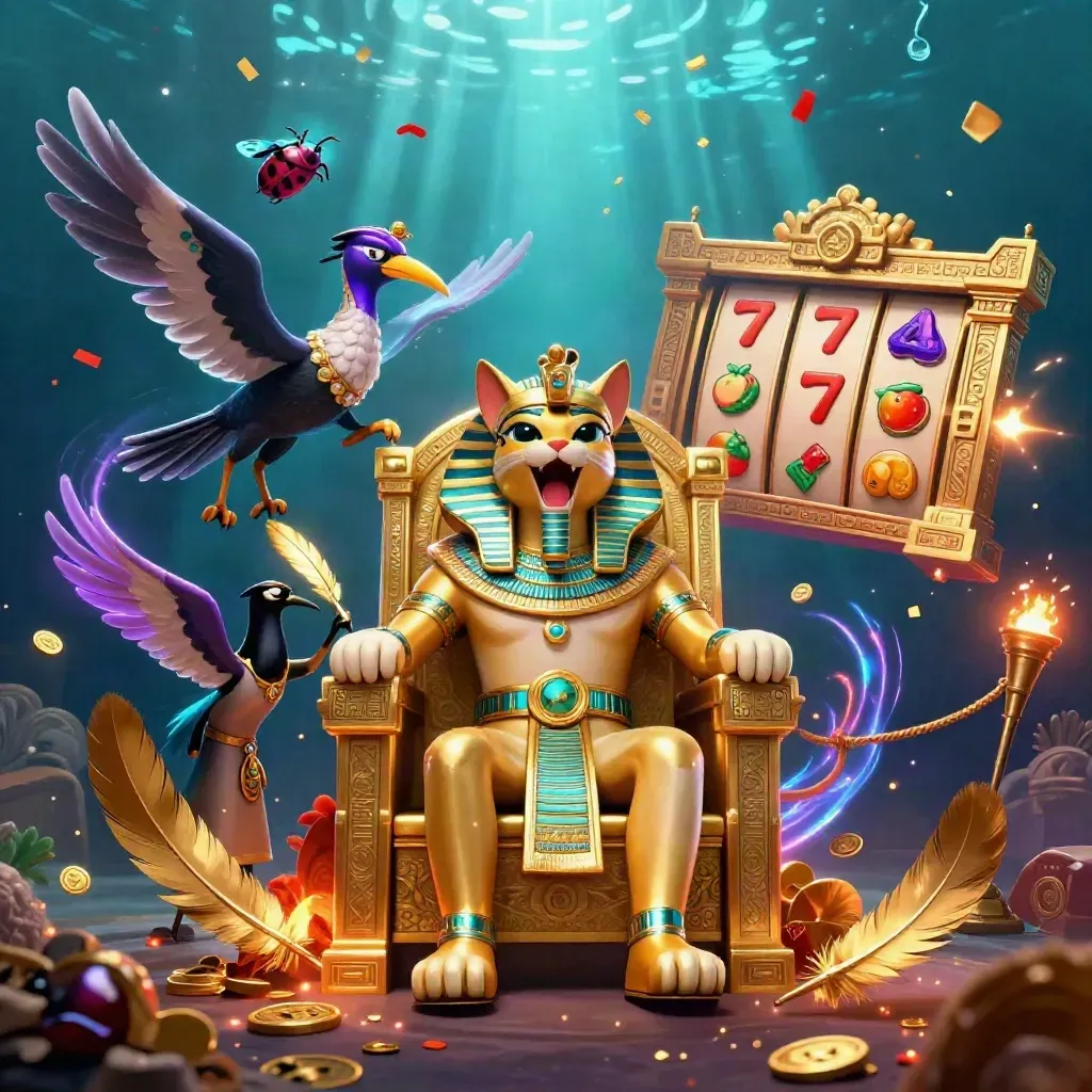 Pharaoh cat king, ibis scribe, and gem-winged scarabs exploding with gold in neon casino key art