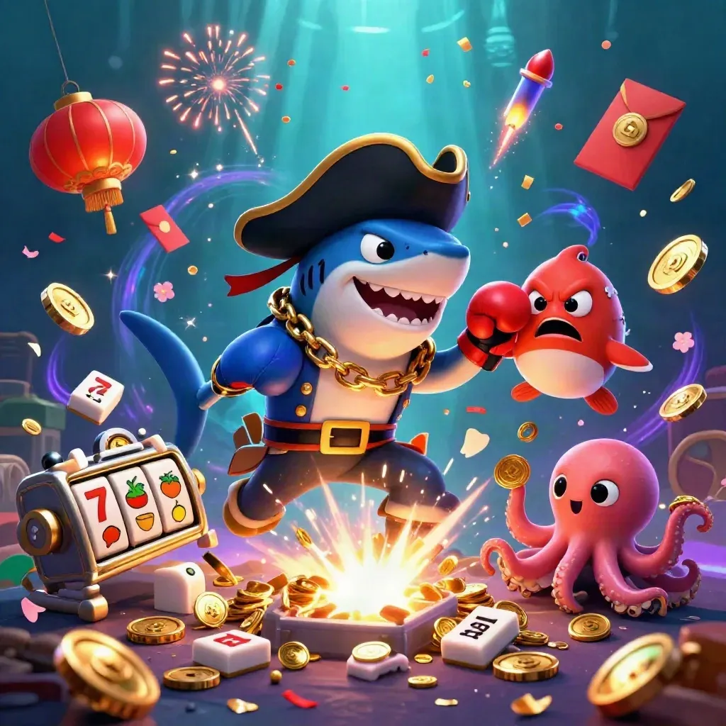 Pirate shark, boxing pufferfish, and coin-juggling octopus in a neon treasure burst