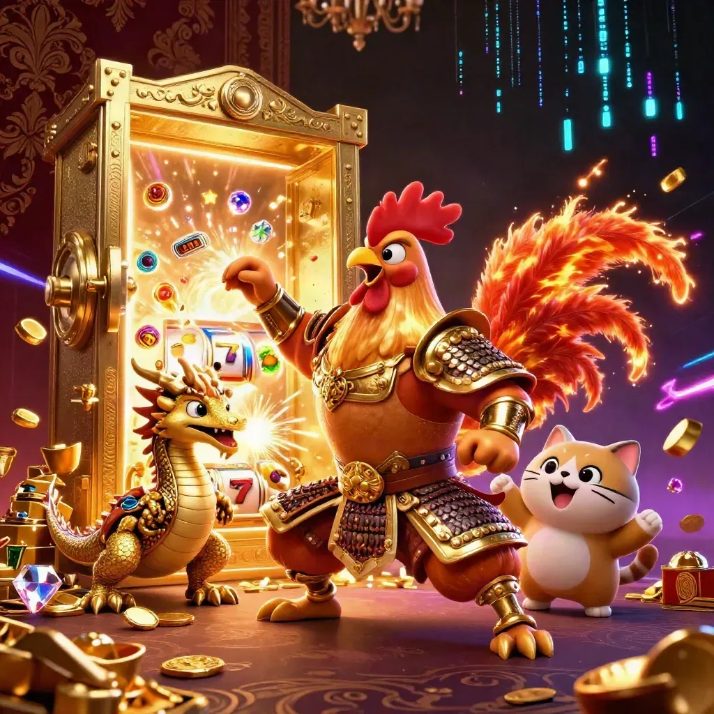 Samurai rooster, spark-breathing dragon hatchling, and cheering fortune cat amid casino gold and neon.