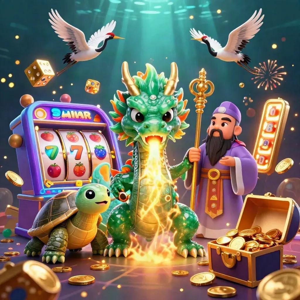 Emerald dragon, turtle sage, and cranes amid a bursting slot machine, gold coins, and fireworks.