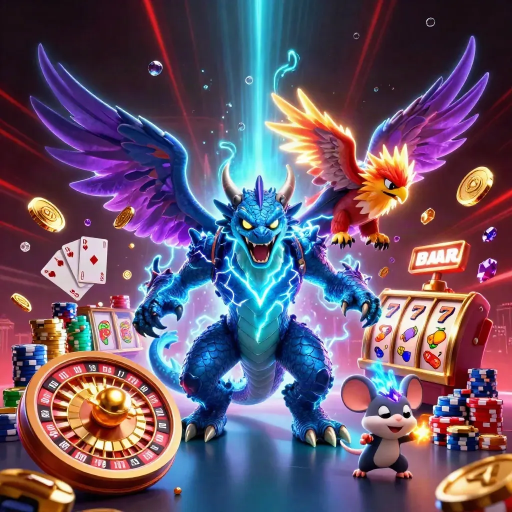 Thunder dragon, hawk and mouse amid coins, reels and cards in neon casino glow.
