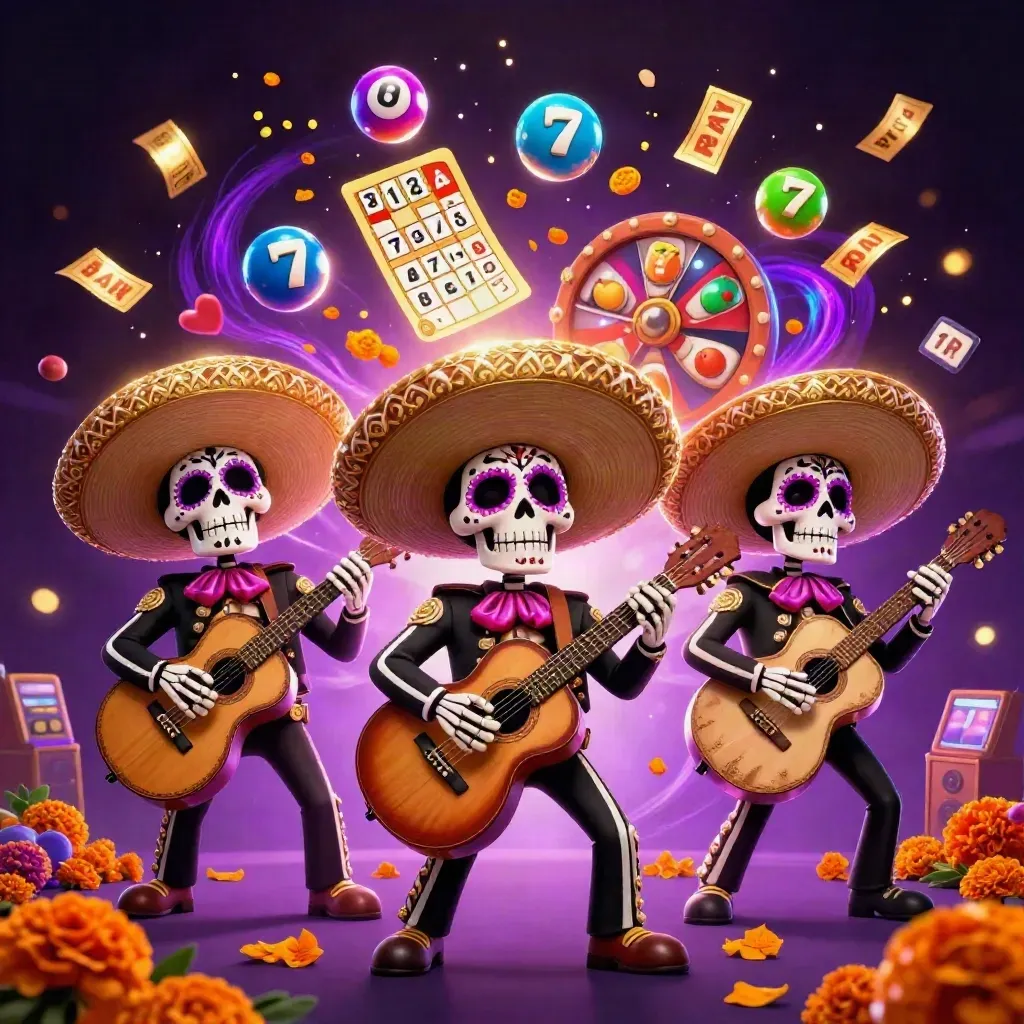 Day-of-the-Dead skeleton mariachi trio amid jackpots, slot reels, bingo balls and marigold petals.
