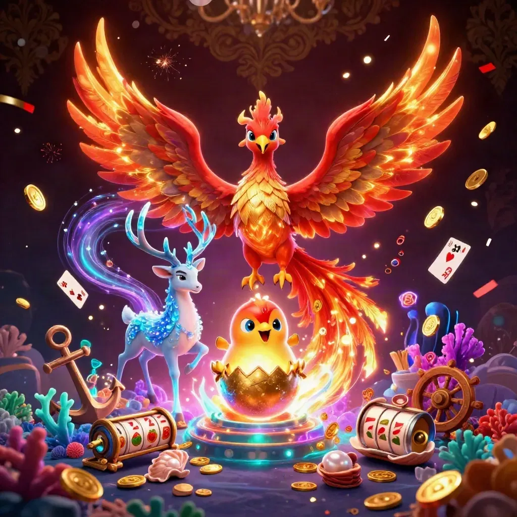 Neon casino key art with phoenixes, crystal stag, treasure cove loot, and glowing slot symbols.
