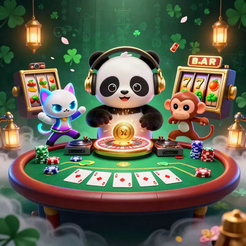 DJ panda, breakdancing monkey, and glow-stick kitten amid casino chips, cards, and neon jackpot energy.