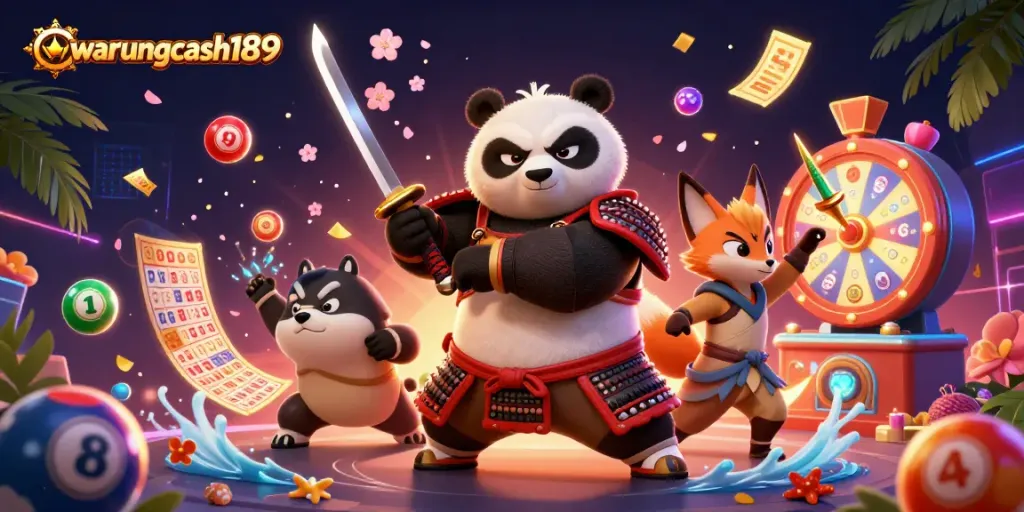 Join the excitement with warungcash189 as a samurai panda and ninja fox embrace vibrant gambling elements!