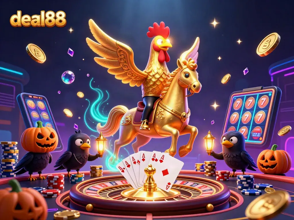 Engage with deal88 in this vibrant casino scene featuring a golden rooster riding a spectral horse.