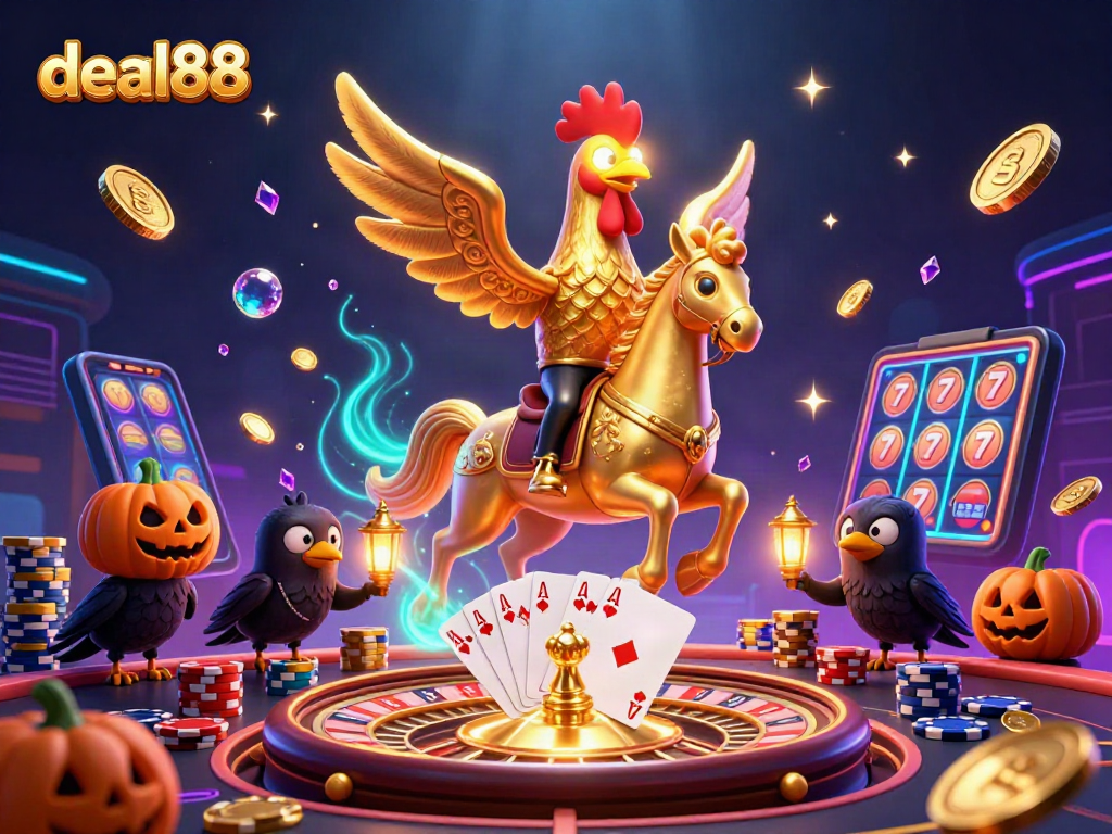 Engage with deal88 in this vibrant casino scene featuring a golden rooster riding a spectral horse.